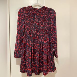 MelloDay long sleeve smocked pleated baby doll dress with red flowers.